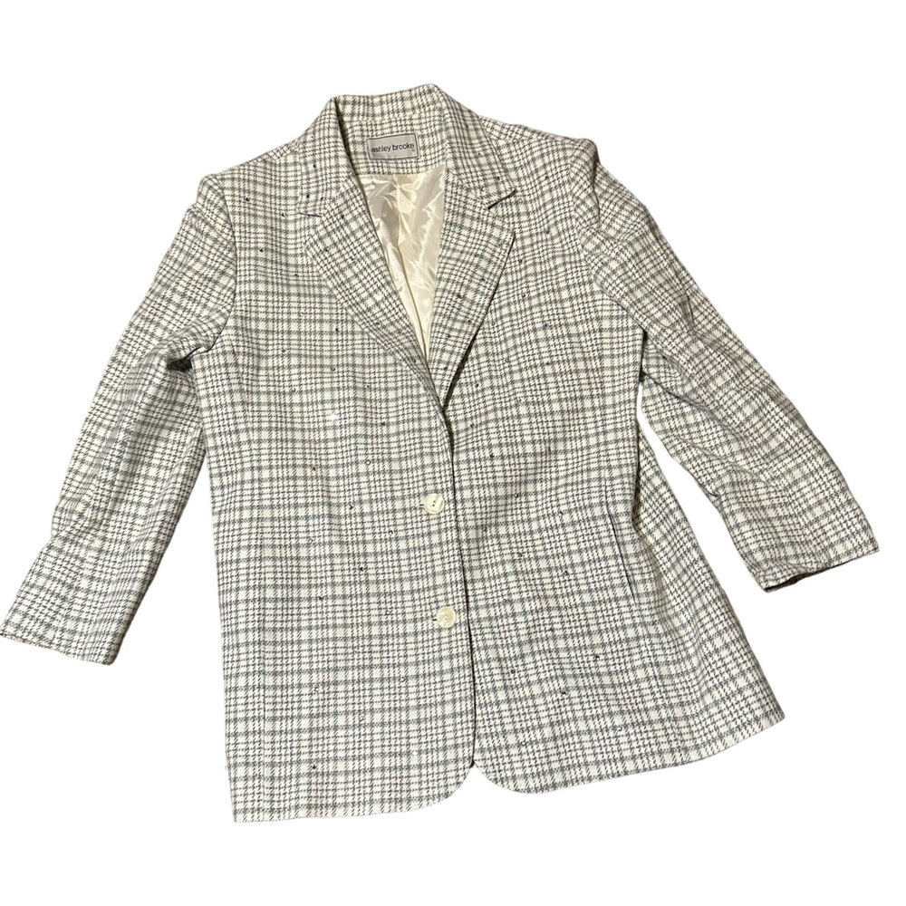 Ashley Brooke Womens 14 Gray White Suit Blazer Jacket Plaid Sparkle
